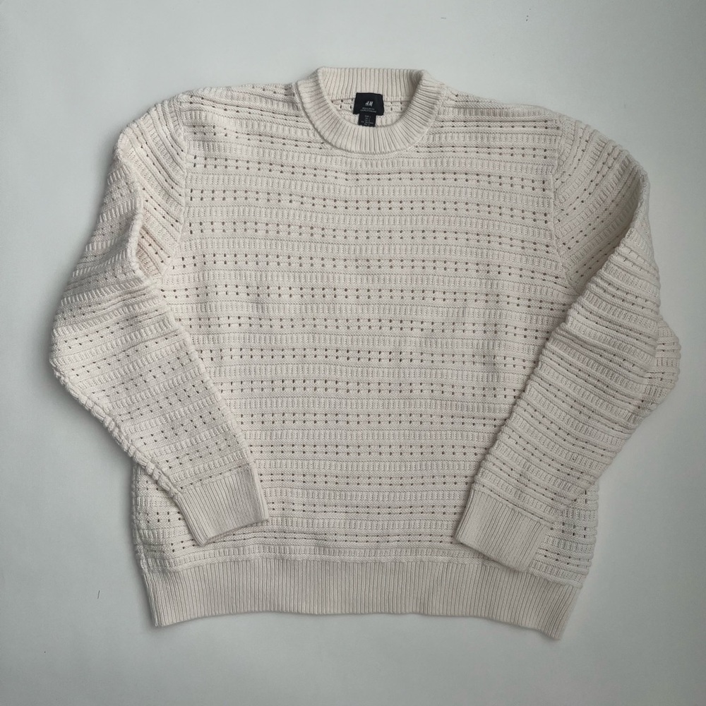 H&M men’s crochet relaxed fit crewneck cream sweater